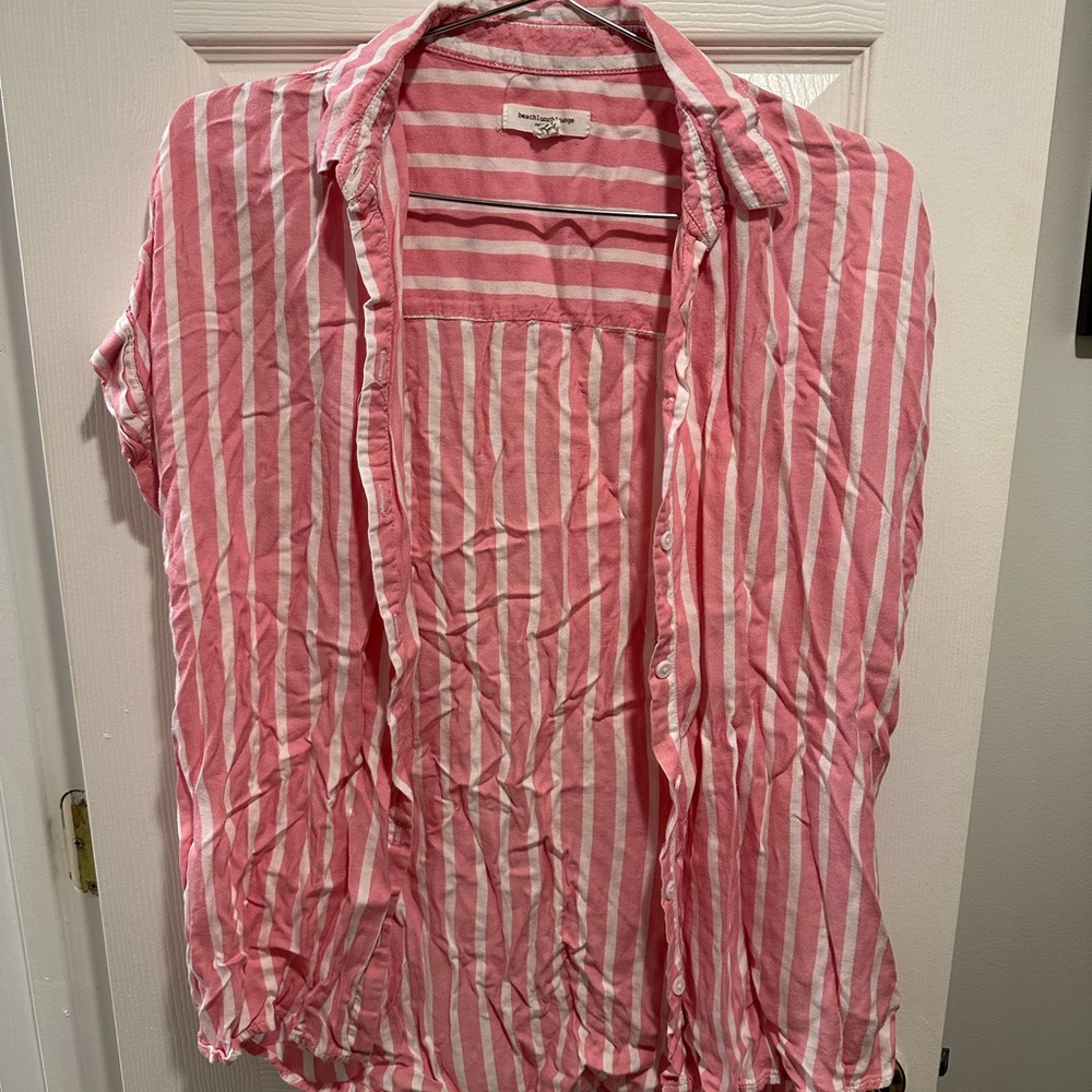 Pink and white striped beach shirt